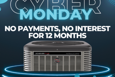 Promotional graphic for Quality Air Mechanical's Cyber Monday sale featuring an air conditioner unit with text announcing a limited-time offer of no payments and no interest for 12 months.
