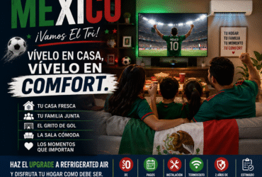 Familia en El Paso viendo el partido de México en una sala fresca con refrigerated air