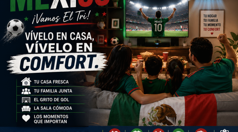 Familia en El Paso viendo el partido de México en una sala fresca con refrigerated air