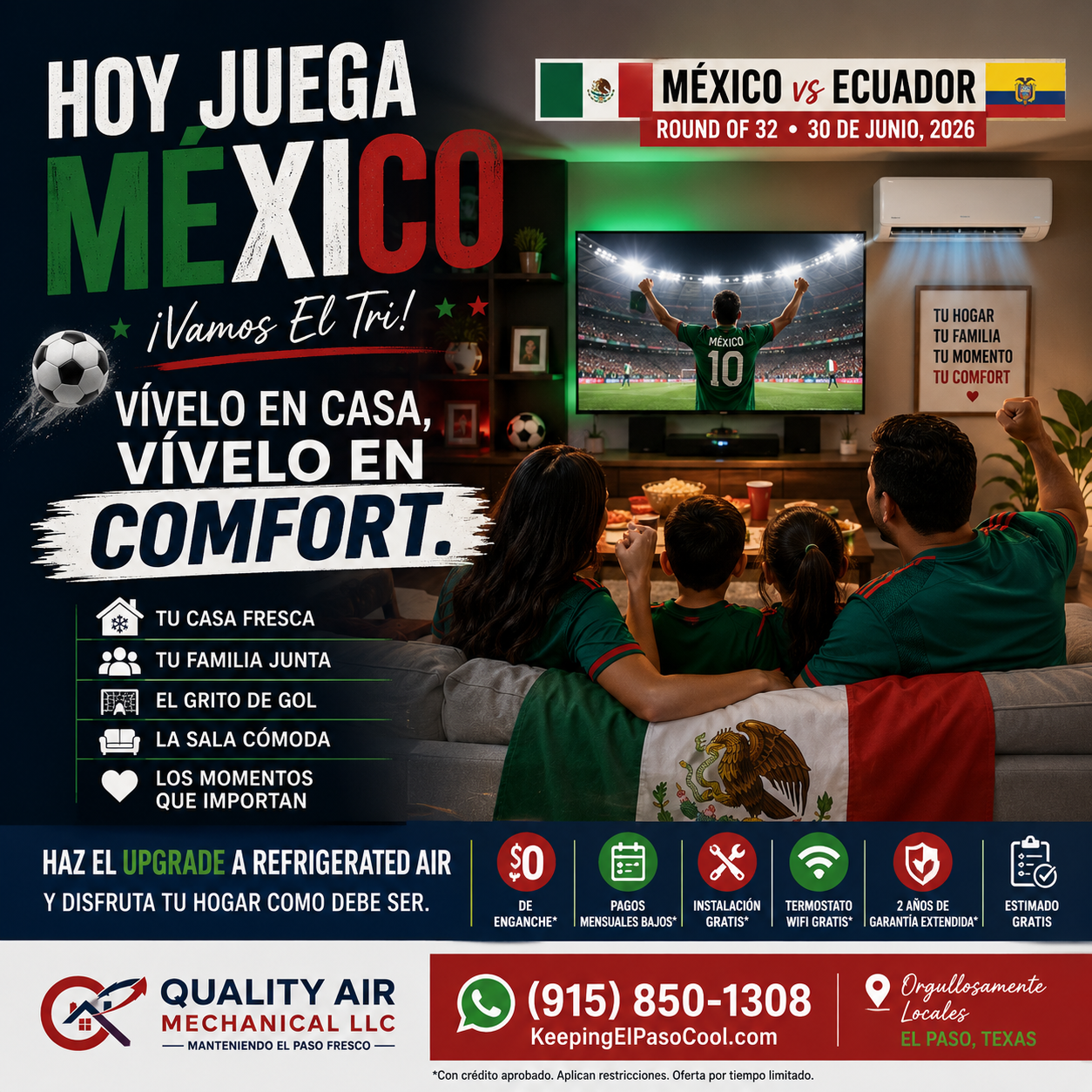 Familia en El Paso viendo el partido de México en una sala fresca con refrigerated air